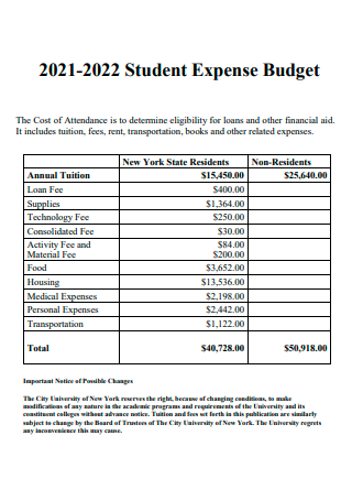 Student Expense Budget