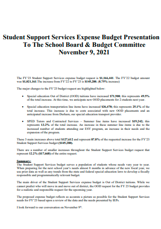 Student Support Services Expense Budget