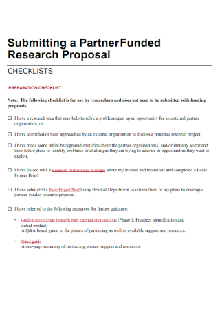Submitting a Partner Funded Research Proposal Checklist