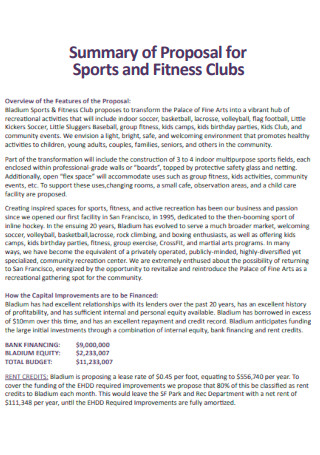 Summary of Proposal for Sports and Fitness Clubs
