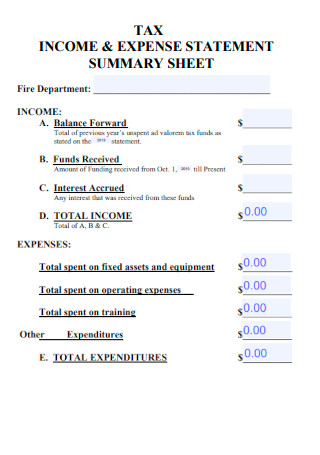 Tax Income Expense Statement Summary Sheet