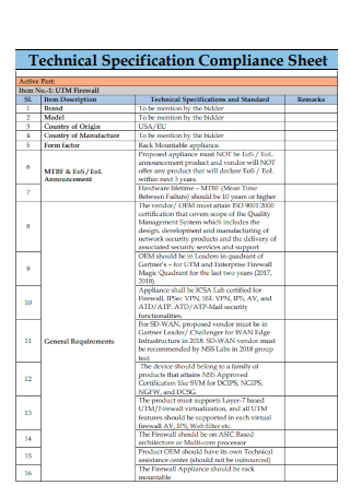 Technical Specification Compliance Sheet