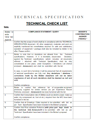 Technical Specification Technical Checklist