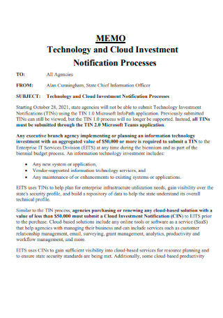 Technology and Cloud Investment Notification Processes Memo