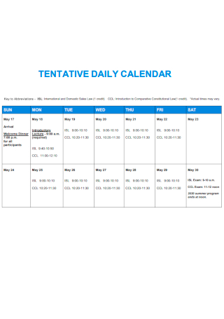Tentative Daily Calendar