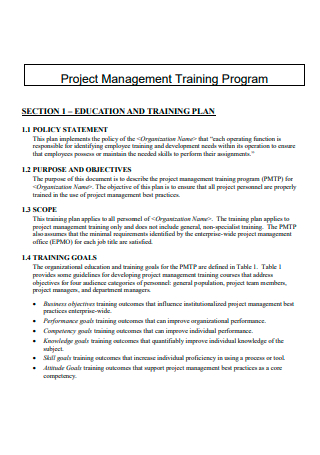 Training Program Project Management Plan