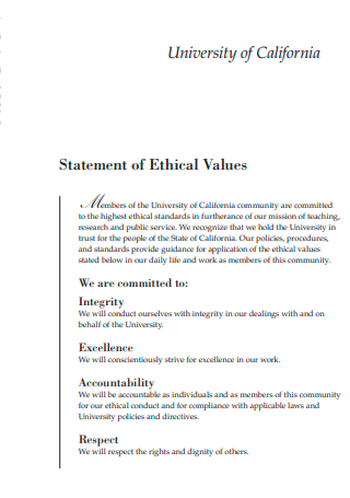 University Statement of Ethical Values