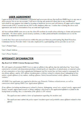 User Agreement Affidavit of Character