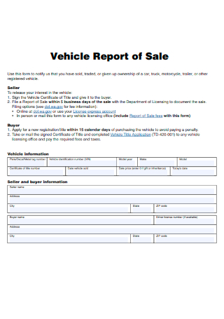 Vehicle Report of Sale