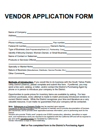 Vendor Application Form in PDF