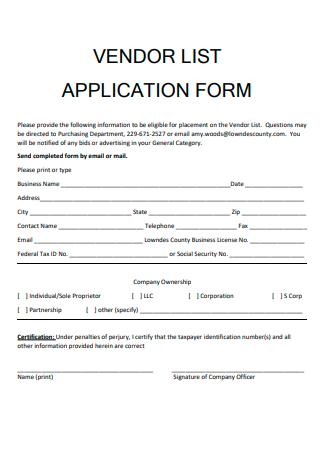 Vendor List Application Form