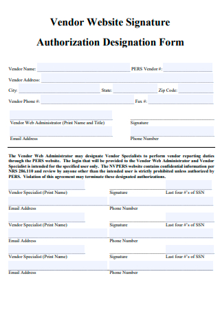Vendor Website Signature Authorization Designation Form