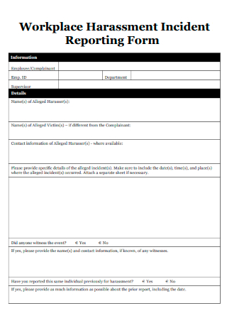Workplace Harassment Incident Reporting Form