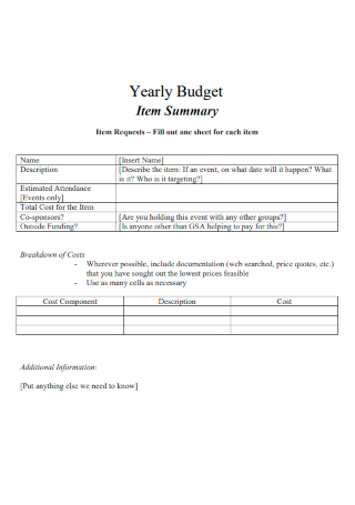 Yearly Budget Item Summary