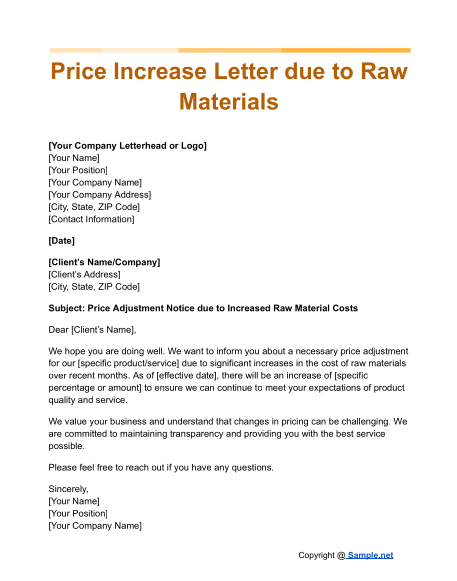 Price Increase Letter due to Raw Materials