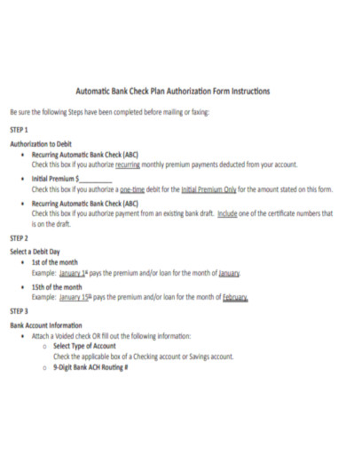 Automatic Bank Check Plan Form Instructions