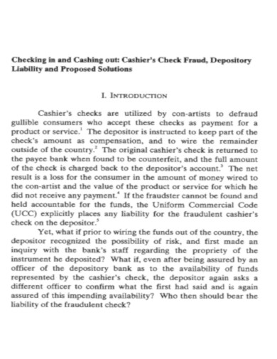 Cashier Check Fraud Depository Liability Solutions