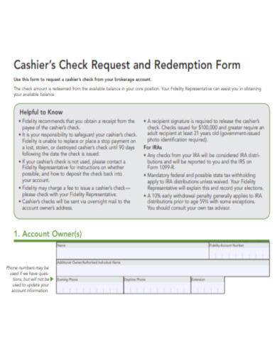 Cashiers Check Request and Redemption Form