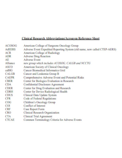 Clinical Research Acronym Reference Sheet