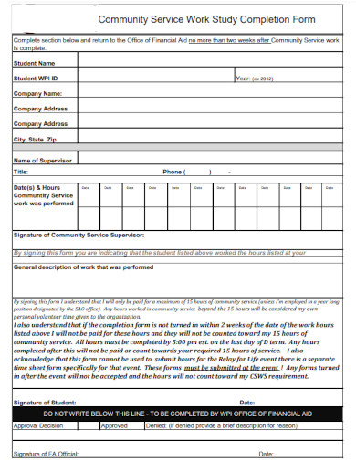 Community Service Work Completion Form