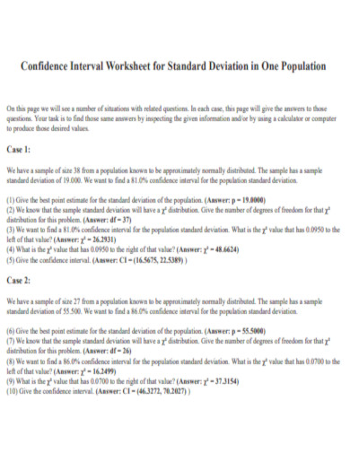 Confidence Interval Worksheet for Standard Deviation