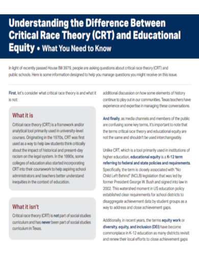 Difference of Critical Race Theory Educational Equity