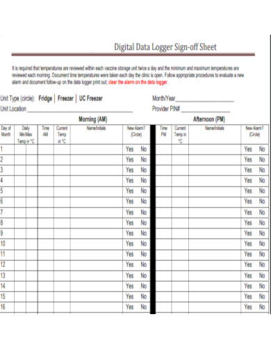 Digital Data Logger Sign off Sheet