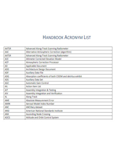 Handbook Acronyms List