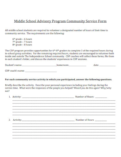 Middle School Community Service Form