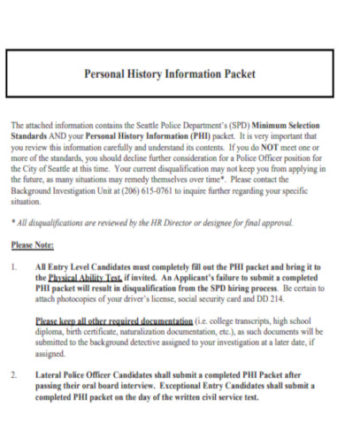 Personal History Information Packet