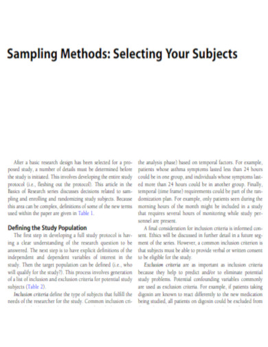 Sampling Methods Selecting Your Subjects