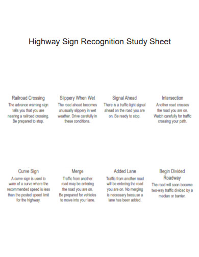 Sign Recognition Study Sheet