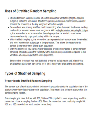 Types use of Stratified Sampling