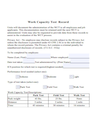 Work Capacity Test Record