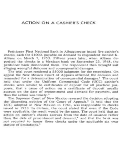 Action on a Cashier Check