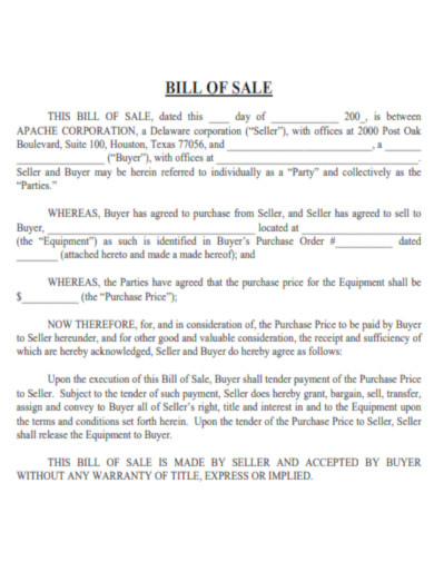 Bill of Sale Agreement