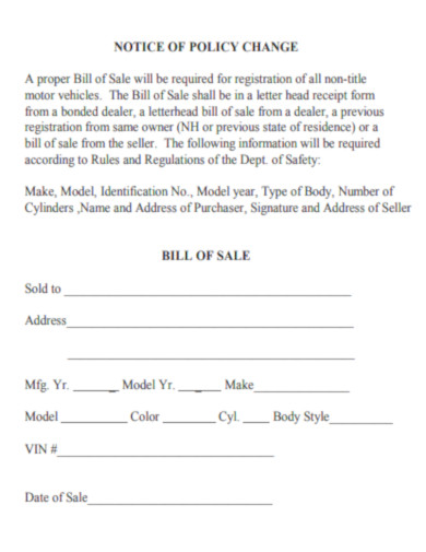 Bill of Sale Notice of Policy Change