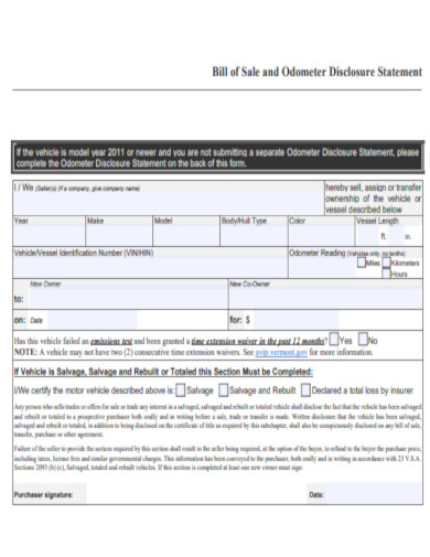 Bill of Sale and Odometer Disclosure Statement