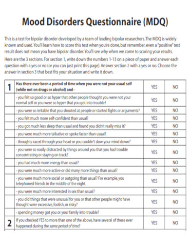 Bipolar Researchers Mood Disorder Questionnaire