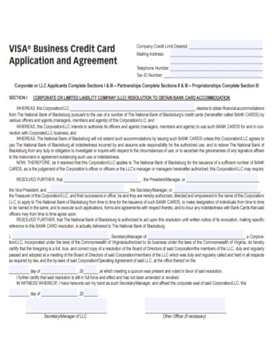 Business Credit Card Application and Agreement