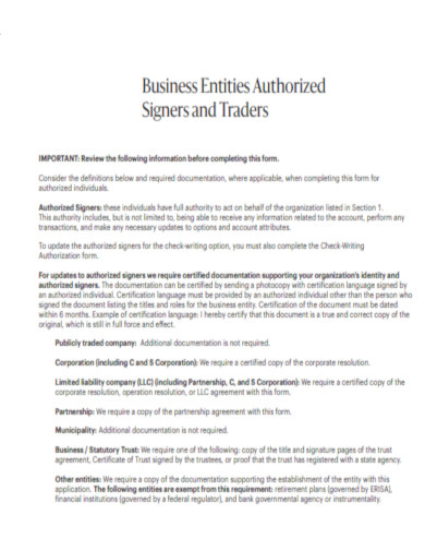 Business Entities Authorized Signers and Traders