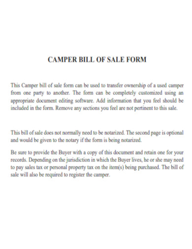 Camper Bill of Sale