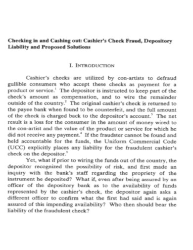 Cashier Check Fraud Depository Liability