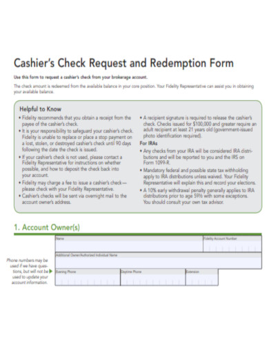 Cashier Check Request and Redemption Form