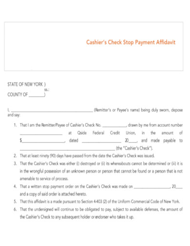 Cashier Check Stop Payment Affidavit