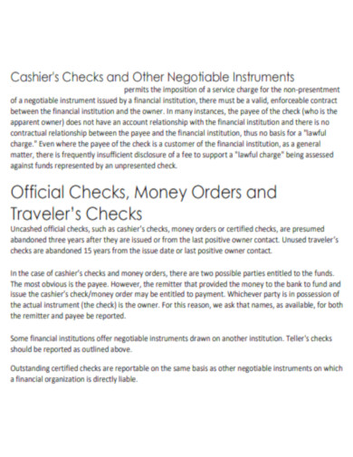 Cashier Checks and Other Negotiable Instruments