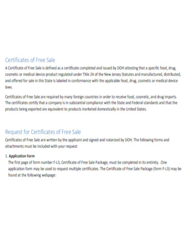 Certificates of Free Sale