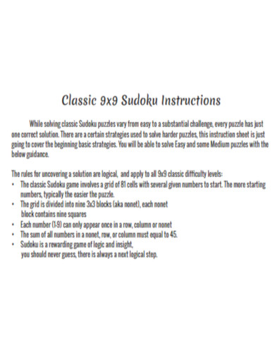 Classic 9x9 Sudoku Instructions