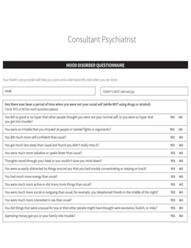 Consultant Psychiatrist Mood Disorder Questionnaire