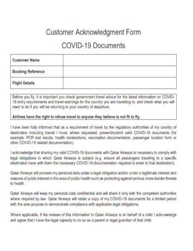 Customer Acknowledgment Form COVID 19 Documents